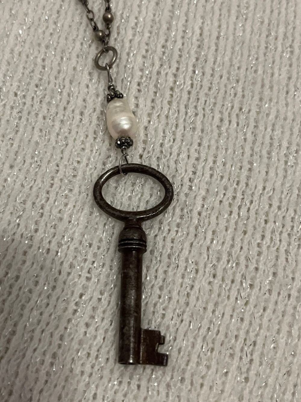 Antique-Style Key Pendant Necklace with Pearl Accent - Dark Bronze